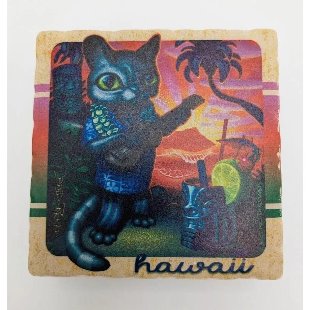 Cat Playing Ukulele Ceramic Coasters Set Aloha Hula Hawaii Tiki Bar Summer Party - Picture 3 of 8